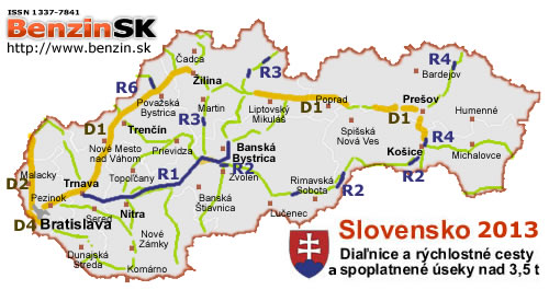 Mapa Slovensko - spoplatnene dialnicne useky a rychlostne cesty 2011, nad 3.5t></center>

<p align=