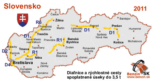 Mapa Slovensko - spoplatnene dialnicne useky a rychlostne cesty 2011, do 3.5t
