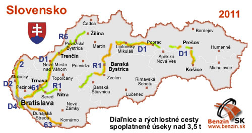 Mapa Slovensko - spoplatnene dialnicne useky a rychlostne cesty 2011, nad 3.5t></center>

<p align=